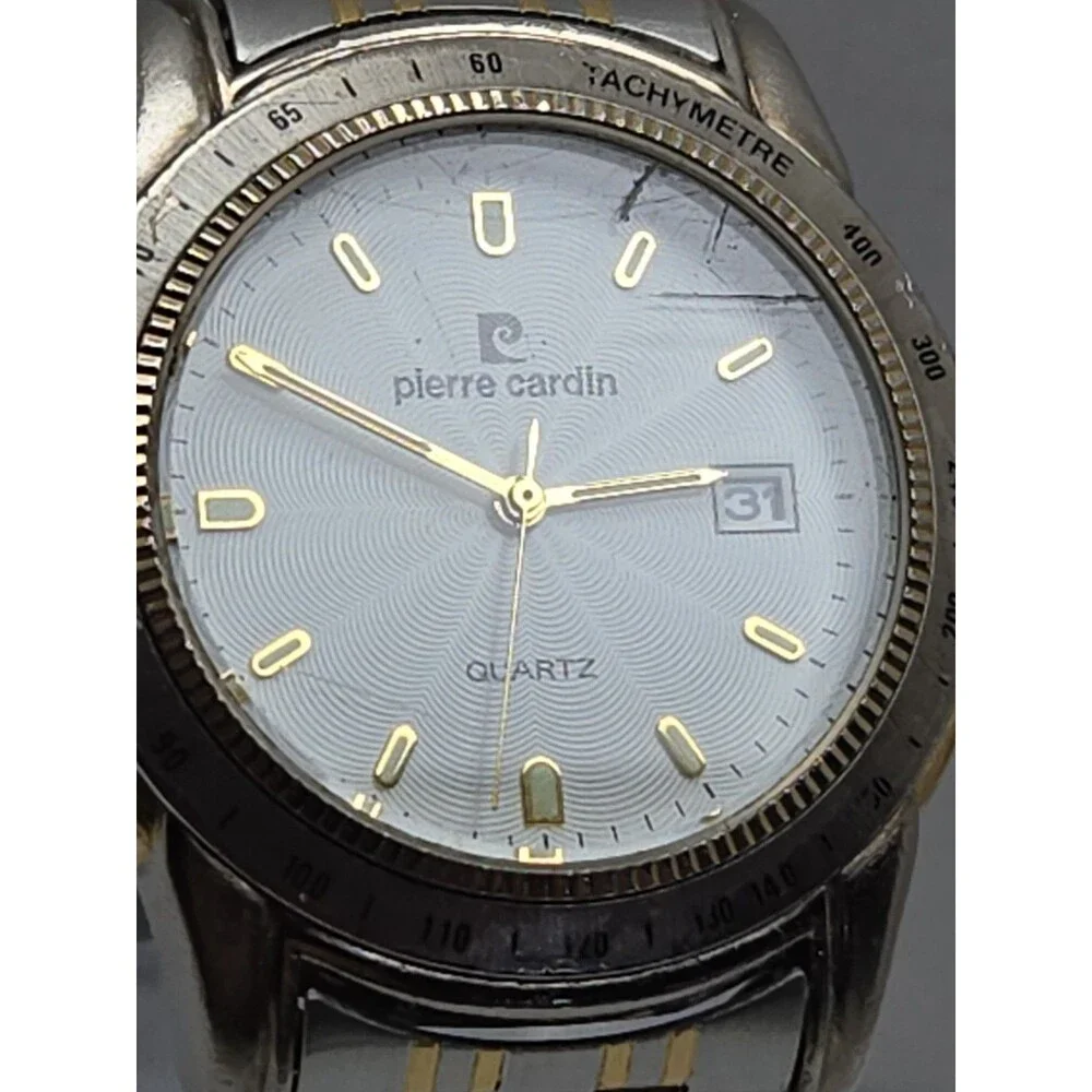 Pierre Cardin Mens Tachymeter Date 41mm Watch Two Tone Silver Gold New Battery